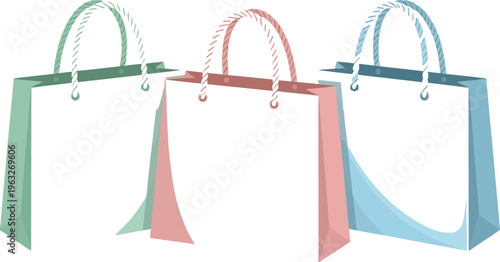 Three colorful shopping bags with handles on a white background are shown