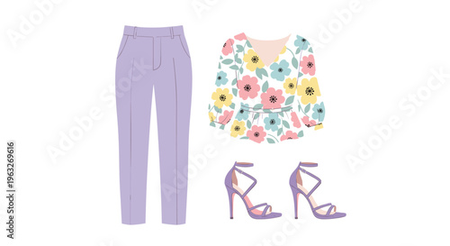 A flat lay displays light purple tapered trousers, a colorful floral blouse, and matching purple strappy high-heeled sandals.