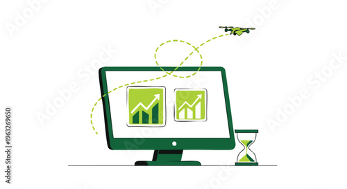 Drone analytics. Computer screen with growth charts. Hourglass. Business growth concept.