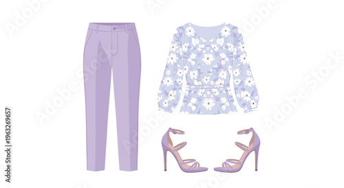 A flat lay showcases light purple tailored trousers, a light blue wrap blouse with white flowers, and matching purple strappy high heels.