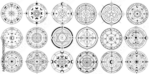 魔法陣と神秘シンボルの線画セット｜オカルト・セレスティアル幾何学デザイン