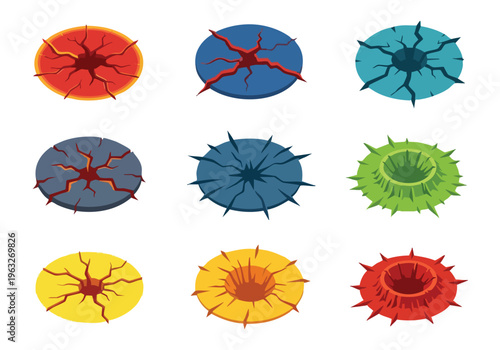 Cracked ground holes set. Cartoon impact craters. Damaged surface elements. Game design assets.