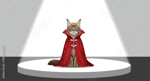 A majestic Maine Coon cat wearing a golden crown and a red cape sits on a spotlighted white stage.