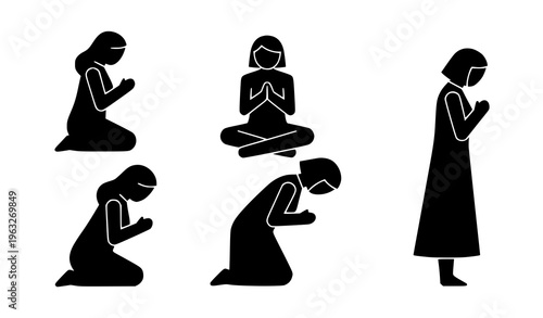 Φωτογραφία Minimal female prayer silhouette icons vector with simple worship poses and devo