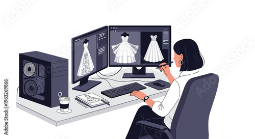 A female designer sits at a desk with two monitors, using a stylus to create dress designs digitally.