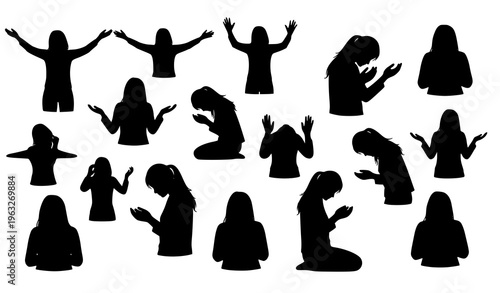 Female worship silhouettes vector set with expressive devotional poses and spiritual gestures for faith design