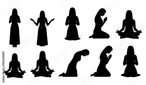 Female prayer silhouette collection vector with diverse worship poses and devotional gestures isolated on white