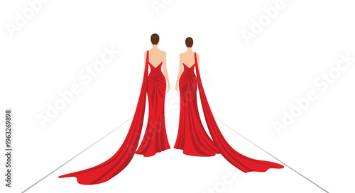 Two women in elegant red gowns with long trains walk away on a white runway against a plain background.