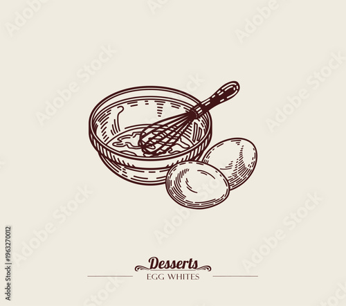 Egg whites in glass bowl with whisk, two eggs. The whites are separated from the yolks. Line art, sketch style. Vector hand drawn illustration