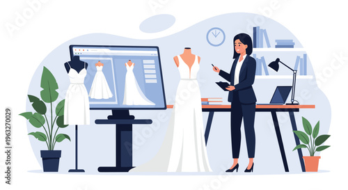 A female fashion designer works on wedding dress designs in her studio with mannequins and a computer.