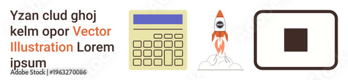 Technology, innovation, business planning, design, creativity, progress. A calculator, rocket and square icon displayed together. Technology and innovation concept emphasizing progress
