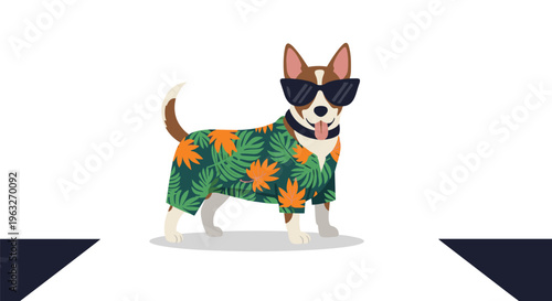 A brown and white dog wears dark sunglasses and a green Hawaiian shirt on a stylized white background.