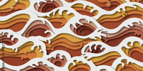 Seigaiha-inspired layered wave pattern in warm autumnal colors, creating a dynamic, artistic, and decorative abstract design.