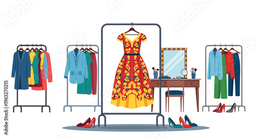 A red floral dress hangs on a central rack in a clothing store scene with other garments and a dressing table.