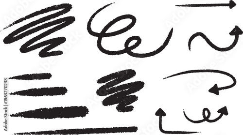 Hand-drawn Charcoal Texture Arrow and Scribble Vector Set, Isolated Design Elements