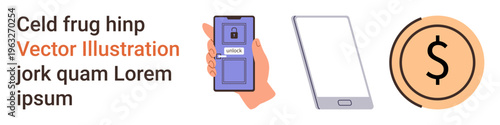 Digital security, mobile apps, online payments, finance technology, e-commerce, biometrics. A hand holds a phone with a fingerprint scanner, a blank phone and a dollar coin symbol. Digital security