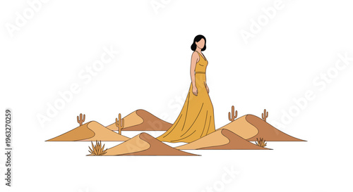 A woman in a long yellow dress stands among several small desert dunes with cacti.