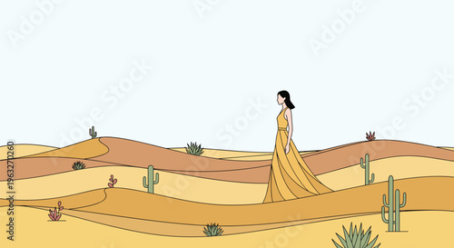 A woman in a long yellow dress walks across undulating desert dunes with cacti and agave plants.