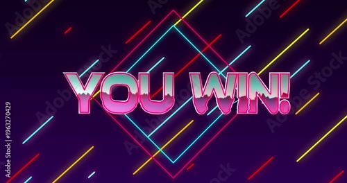 Animation of mountains in you win text over rhombuses and lines against abstract background