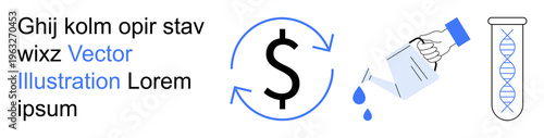 Economic sustainability, biotechnology ideas, recycling processes, environmental impact, financial planning, and research development. Symbols include dollar sign, test tube, and water pouring