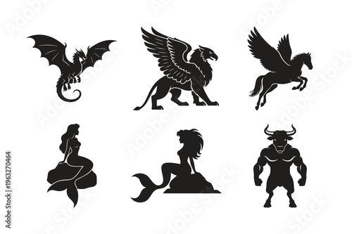Fantasy creature silhouette set bundle with dragon griffin and siren.