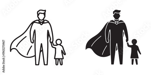 Vector illustrations of a superhero man with a child in black and white