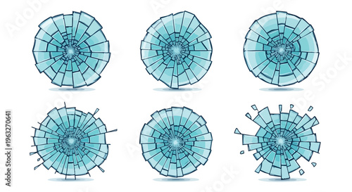 Broken glass set. Shattered window effect. Transparent crack texture. Damaged surface elements.