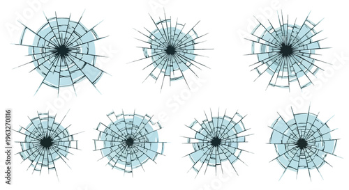 Broken Glass. Bullet Hole. Impact Crack. Shattered Texture. Damage Effect. Vector Set.