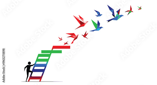 Person climbing ladder with colorful birds flying upwards.