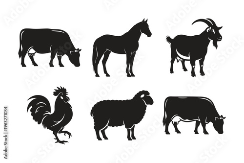 Farm animal silhouette set bundle collection domestic livestock vector.