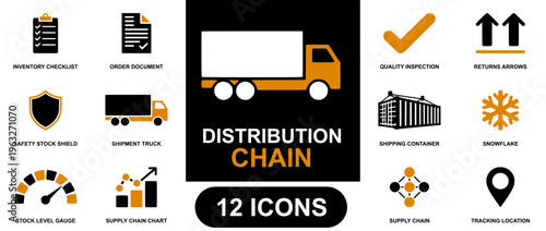 Distribution chain icon set. Containing inventory checklist, order document, quality inspection, returns arrows, safety stock shield, shipment truck, shipping container, snowflake, stock level gauge.