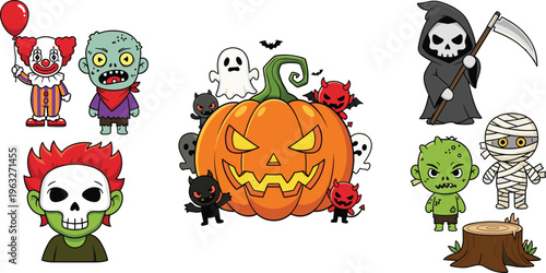 Halloween Themed Vector Illustration Set with Cute Zombies, Clowns, Ghosts, Skeletons, and Pumpkin Designs for Digital Media, Websites, and Graphic Projects