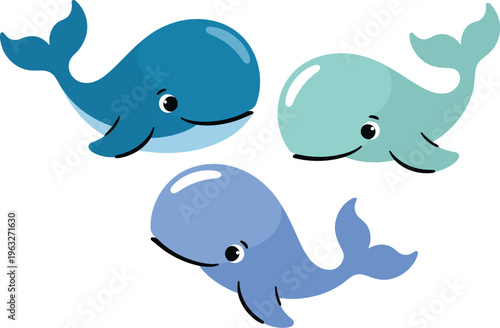 Three cartoon whales swim together in ocean water illustration