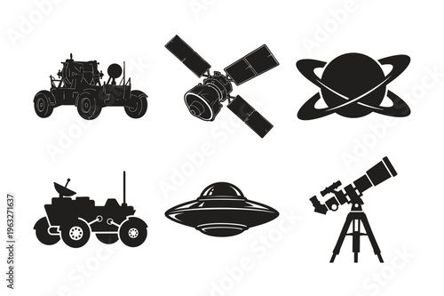 Space exploration silhouette set bundle: moon rover, satellite, planet, telescope, ufo.