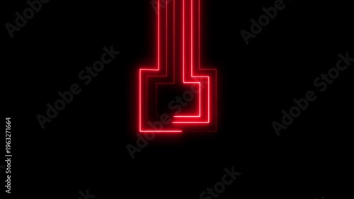 Neon red glowing abstract digital key symbol on dark background minimalist futuristic concept for technology cyber security data protection and digital innovation