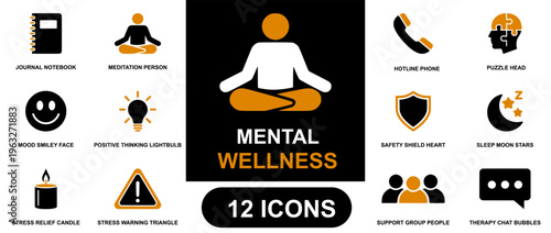 Mental wellness icon set. Containing journal notebook, meditation person, hotline phone, puzzle head, mood smiley face, positive thinking lightbulb, safety shield heart, sleep moon stars.