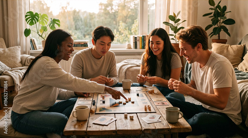 Group of diverse friends sitting on floor and laughing while playing board game at home.