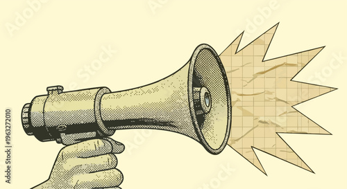 Hand holding megaphone illustration. Retro communication. Vintage announcement. Distressed texture. Marketing concept.