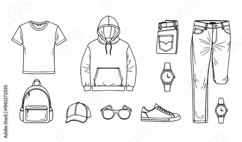 Casual clothing and accessories grid black and white vector with minimalist fashion items line art collection