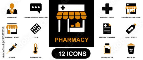 Pharmacy icon set. Containing pharmacist, pharmacy consultation chat, pharmacy cross, pharmacy store front, pills, prescription paper, refill bottle, syringe, thermometer, vitamin bottle, waste bin
