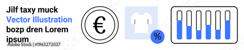 Currency euro icon next to clothing graphic with discount percentage tag and bar graph. Ideal for e-commerce, pricing strategy, retail sales, merchandise, fashion, finance, simple landing page