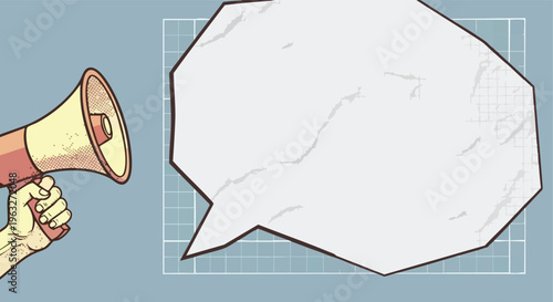Hand holding megaphone, announcing in speech bubble. Communication concept.