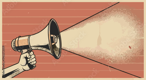 Hand holding megaphone. Retro announcement. Vintage communication. Grunge texture. Marketing illustration.