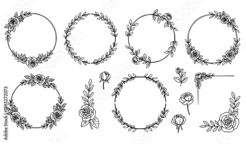 Botanical floral wreath and frame line art vector set with hand drawn flowers leaves and decorative elements