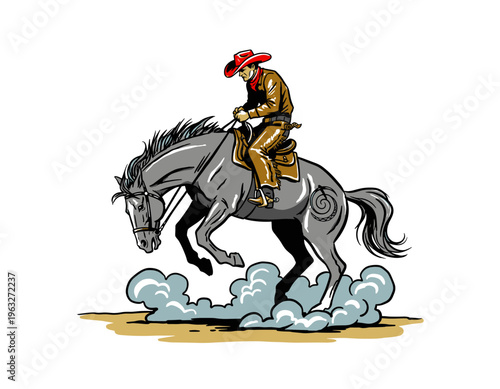 Western Cowboy Riding Bucking Horse Illustration for Vintage T-Shirt Design