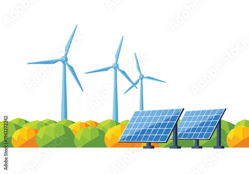 Renewable Energy Landscape. Wind Turbines and Solar Panels. Green Technology Illustration. Sustainable Power.