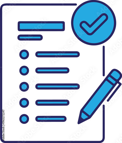 A blue checklist with a pencil and a checkmark on a with lines to fill