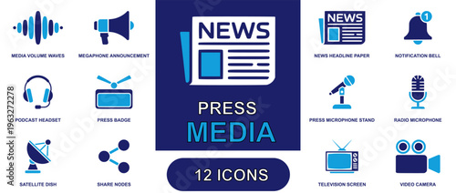 Press media icon set. Containing news, media volume waves, megaphone announcement, press, podcast headset, press badge, satellite dish, share nodes, television screen, video camera, and more.