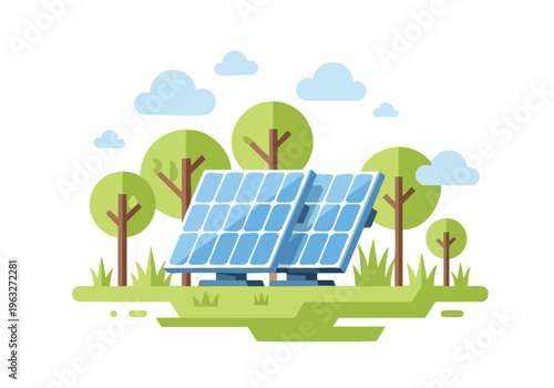 Solar Panels in Nature. Renewable Energy. Flat Design.