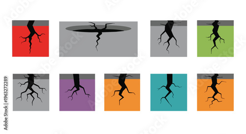 Cracks and holes. Vector illustration set. Flat graphic design. Ruptured surface. Damage elements.